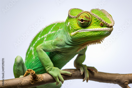 a green chamelon sitting on a branch