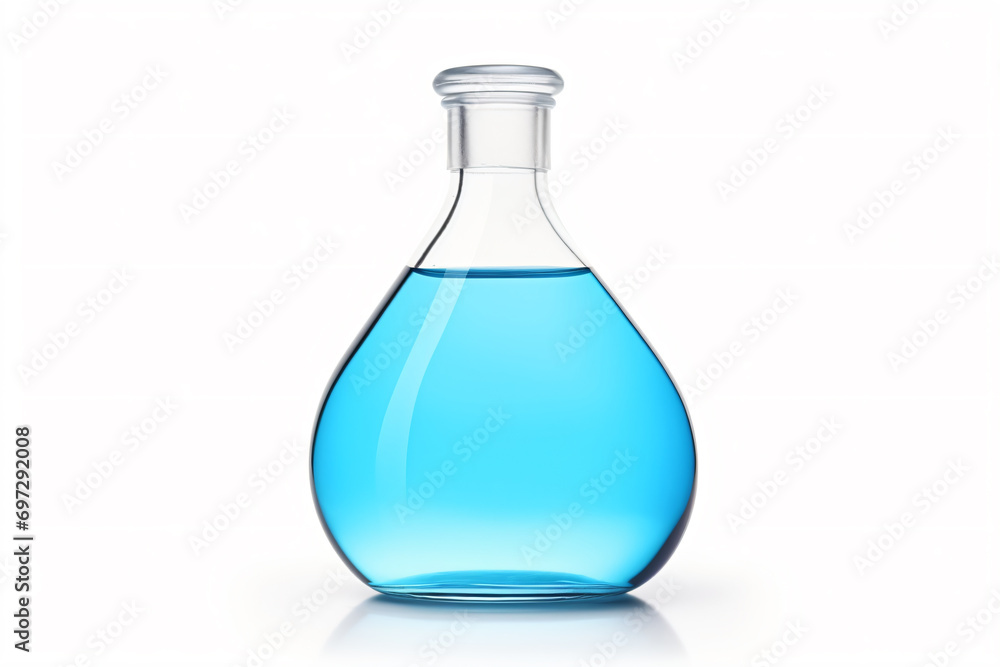 a blue liquid in a glass bottle on a white surface a blue liquid in a glass bottle on a white surface