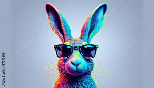 Bright cartoon hare with rainbow hair in sunglasses. Head Rabbit. Stylish modern illustration. Youth style. Pop art. Fashion. Neon colors. Holiday. Trends. Cool. 3D Ai