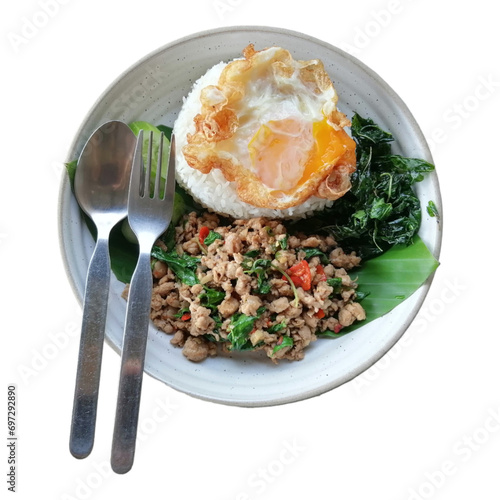 Thai food, pork basil rice and fried egg, popular food, white background.
