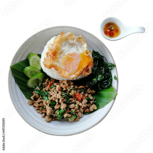 Thai Asian food, pork with basil rice and fried egg, popular food, white background.