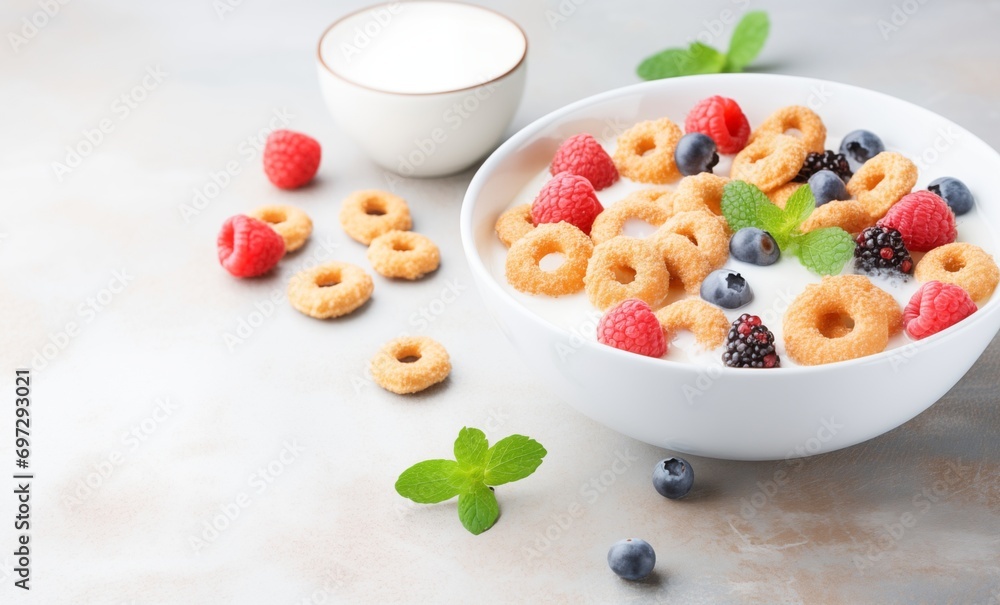 Delightful bowl of crispy cereal immersed in milk, adorned with a medley of fresh blueberries, raspberries, and blackberries, creating a wholesome and delicious breakfast. Delightful bowl of crispy cereal immersed in milk, adorned with a medley of fresh blueberries, raspberries, and blackberries, creating a wholesome and delicious breakfast.