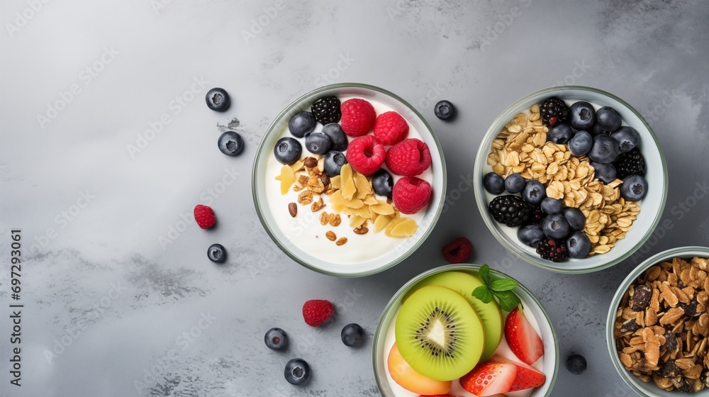 Delightful and nutritious breakfast bowl, featuring yogurt adorned with fresh blueberries, raspberries, blackberries, strawberries, kiwies and granola. a tasty and healthful start to the day.