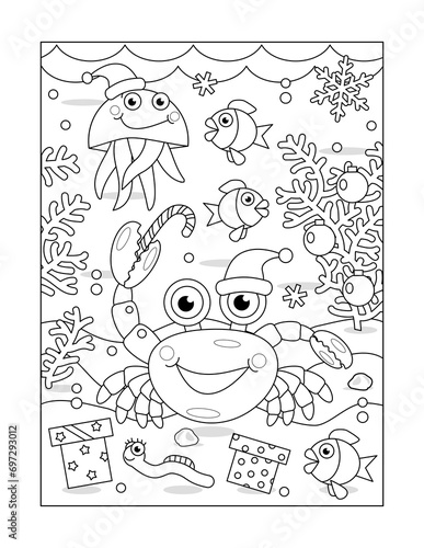 Photography Underwater Christmas or New Year celebration coloring page with crab and funny s