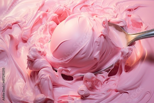 a scoop of ice cream with a spoon full of pink photo