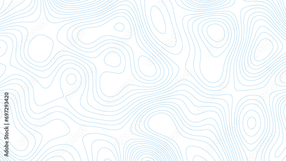 Abstract blue background with map contour. Moden blue lines of the relief map on a white background. Vector grid map. Topography white wave lines vector background.