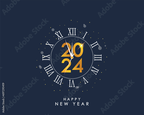 2024 New Year and Merry Christmas banner with gold vintage clock and Roman numerals. 2024 New Year card with golden clock-face dial and decorations. Vector illustration.