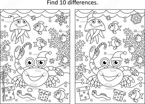 Underwater Christmas or New Year celebration party difference game and coloring page with crab and funny scene of sea life

