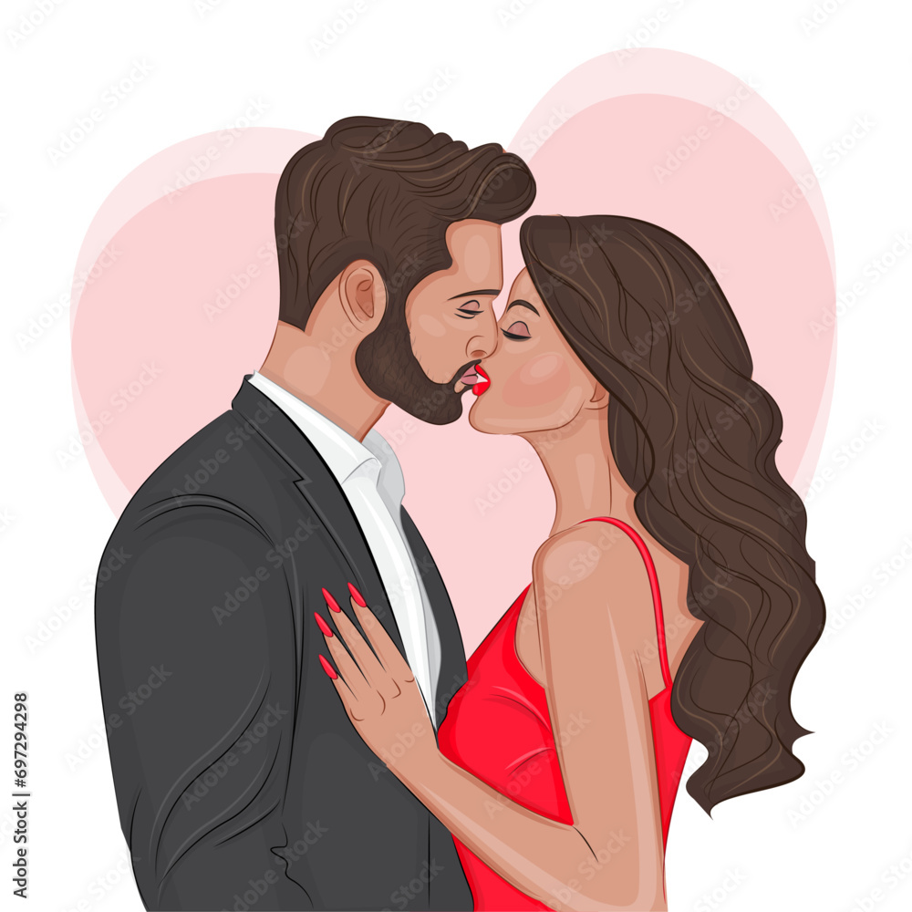 Beautiful loving couple kissing on valentine's day trendy stylish vector illustrations