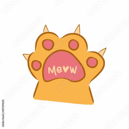 Cat paw Illustration. cat paw with text "meow". fluffy cat paw flat illustration.