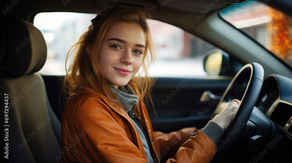 A teenage girl driving a car learns to drive at a driving school.