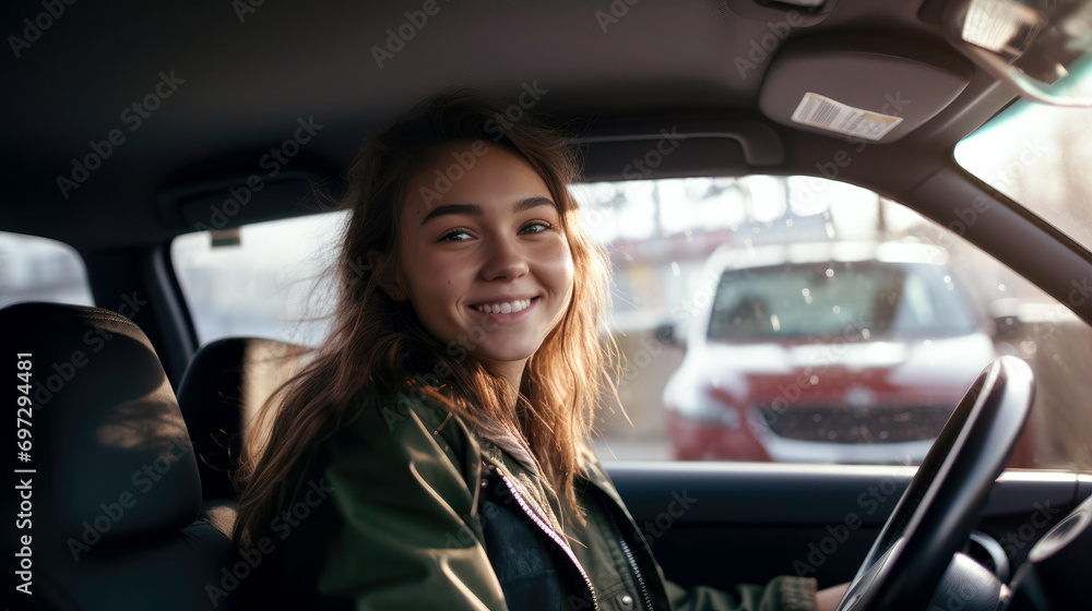 A teenage girl driving a car learns to drive at a driving school.