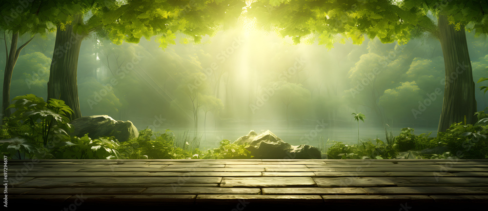 Sunlight filtering through a bamboo forest onto a wooden platform - obrazy, fototapety, plakaty 