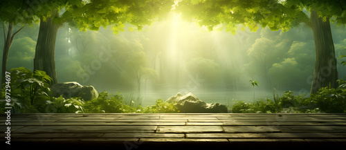 Sunlight filtering through a bamboo forest onto a wooden platform © 文广 张