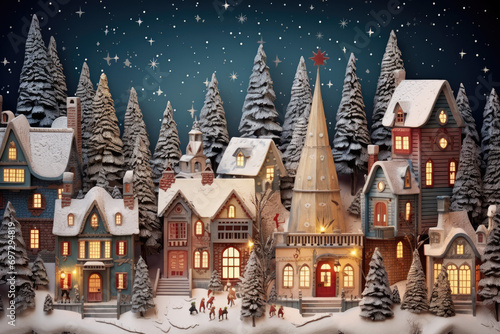 Winter village with snow covered houses and streetlights at night illustration.