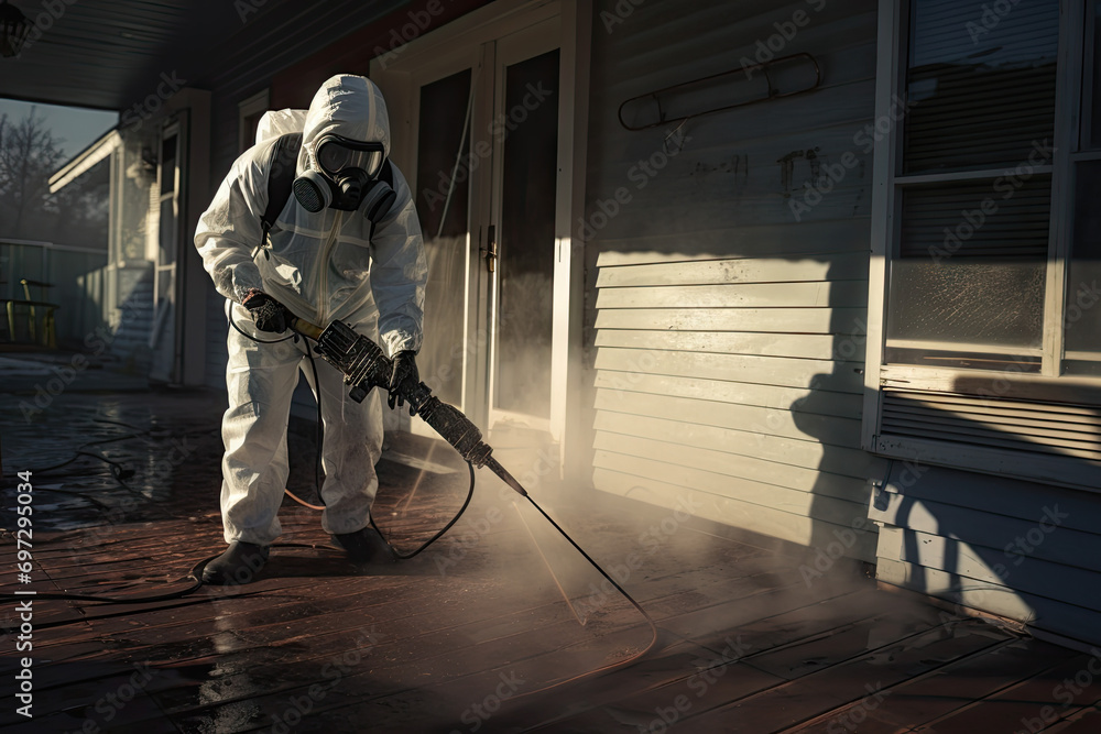 Obraz premium Worker in protective suit and respirator spraying insecticide on wooden floo