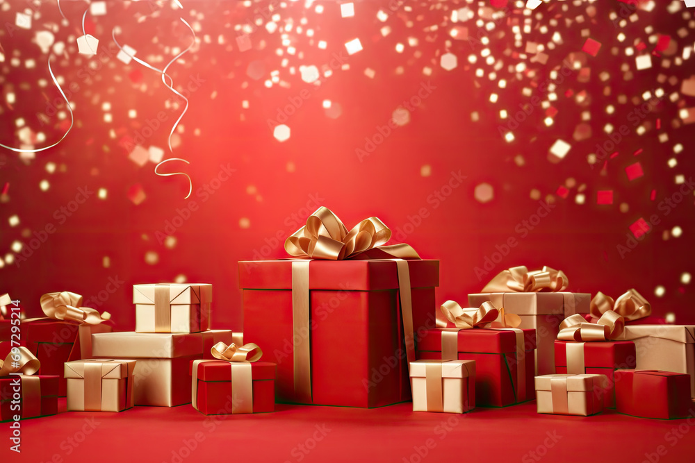 Red gift boxes with golden bows on red bokeh background Red gift boxes with golden bows on red bokeh background