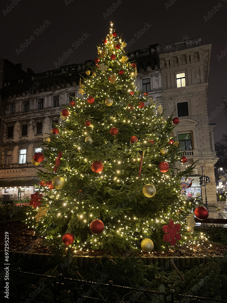 Decorated Christmas tree outdoors in the city center. Hungary, Budapest.