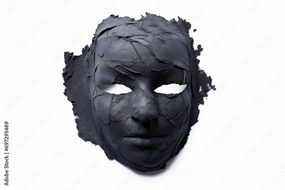 a black mask with a broken face on a white surface a black mask with a broken face on a white surface