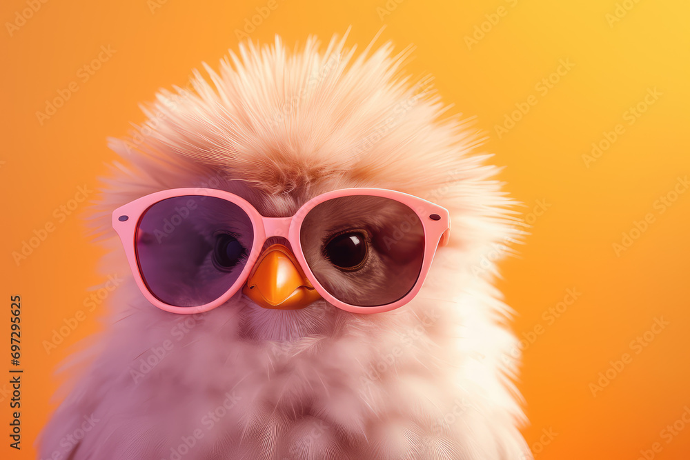 Discover the enchantment of a cute fluffy bird in sunglasses, set against a beautiful peach and soft pink pastel background, ideal for fun and stylish themes. Discover the enchantment of a cute fluffy bird in sunglasses, set against a beautiful peach and soft pink pastel background, ideal for fun and stylish themes.