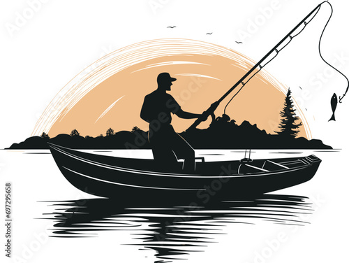 Sunset Fishing Adventure Vector Illustration for Outdoor Magazines and Fishing Event Posters