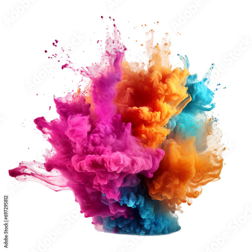 Colorful holi powder explosion, holi color powder splash, transparent background, Generative ai