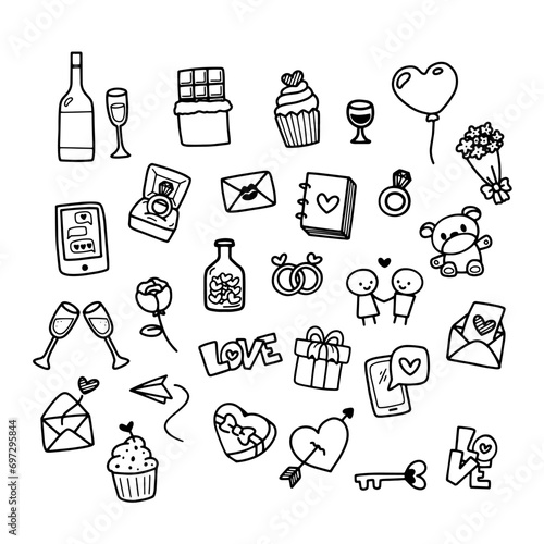 Set of hand-drawn doodle icons for Valentine's Day