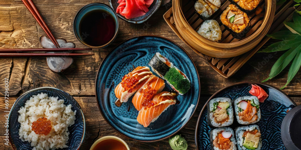 Japanese food, top view on table, generative ai Japanese food, top view on table, generative ai