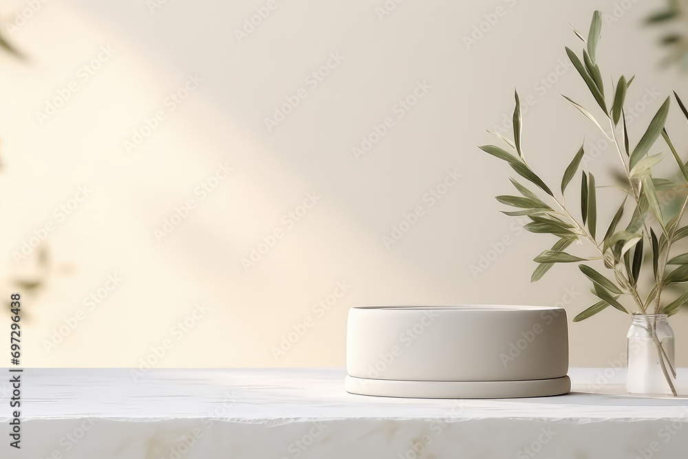 Sophisticated display podium, featuring an olive tree branch and a clean, minimalist design for impactful product showcasing. - obrazy, fototapety, plakaty 