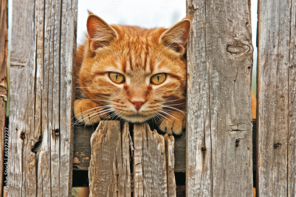 A cat peering through a gap in an old wooden fence, orange fur, yellow eyes