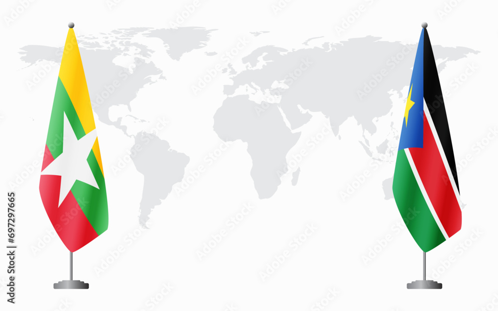 Myanmar and South Sudan flags for official meeting Myanmar and South Sudan flags for official meeting