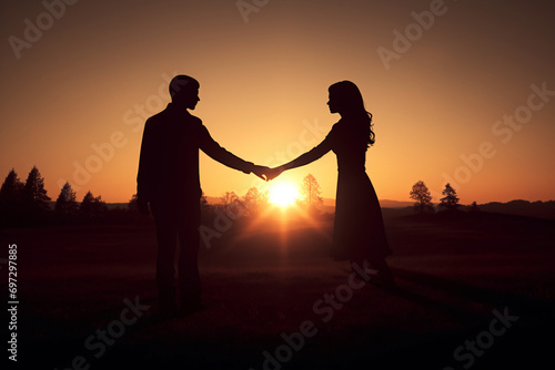 Silhouette of a couple in love in a field during sunset