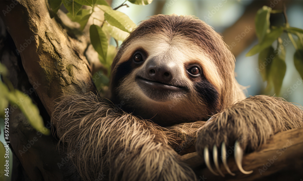 Cheerful Sloth Hanging on a Tree in a Lush Green Jungle Environment Cheerful Sloth Hanging on a Tree in a Lush Green Jungle Environment