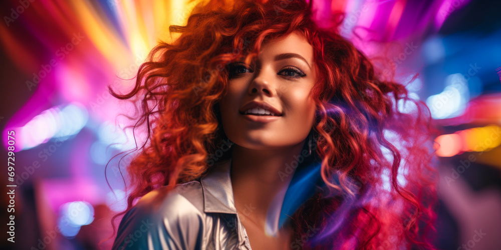 Radiant Young Woman with Curly Hair and Colorful Light Reflections, Artistic Beauty Portrait with Vivid Swirls