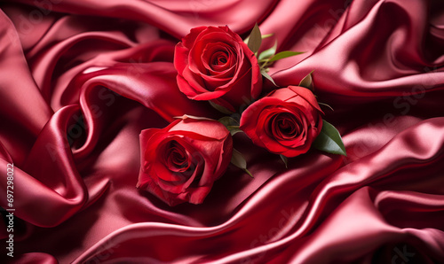 Elegant crimson satin fabric with delicate roses creating a romantic and sensuous mood  ideal for luxurious fashion or decor themes