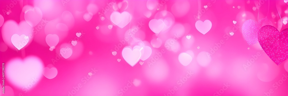 Pink background with bokeh lights hearts. Pink Valentine's day backdrop banner. Love concept illustration.