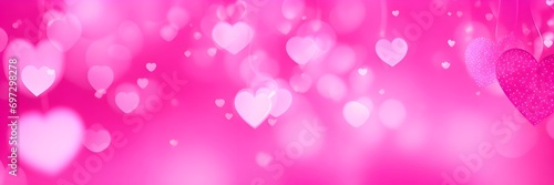 Pink background with bokeh lights hearts. Pink Valentine's day backdrop banner. Love concept illustration.
