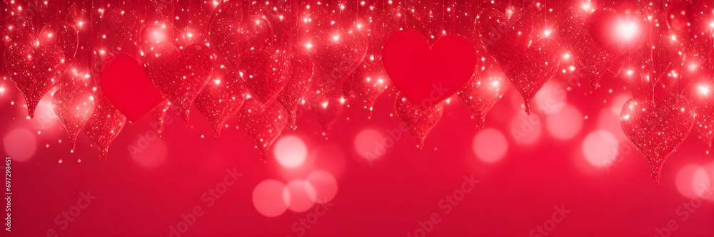 Shimmering hearts on red background banner. Valentine's day backdrop with bokeh lights. Love illustration with hearts.