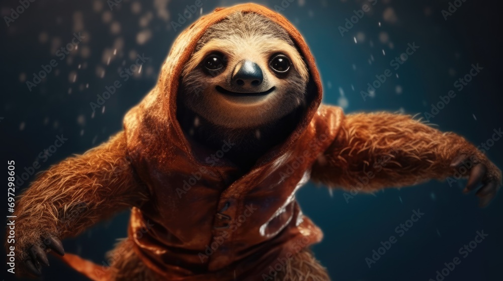 Fototapeta premium Portrait of a cute Jedi Sloth. Created with Generative AI.