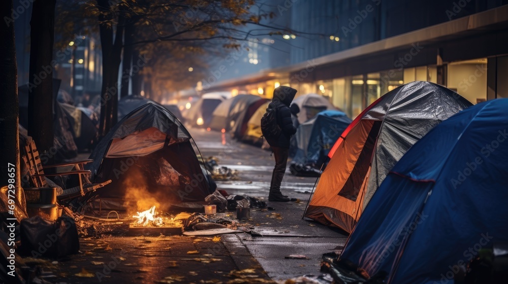 Tents set up outdoors on a city street - obrazy, fototapety, plakaty 