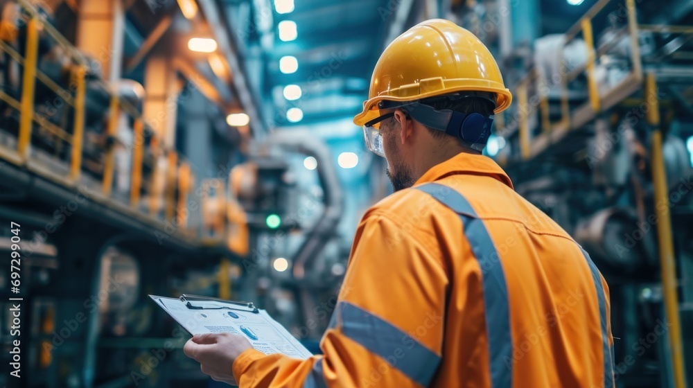 Production Inspection Training Engineers and factory managers wearing safety helmet inspect the ...