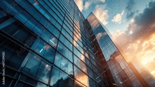 Modern office building or business center. High-rise window buildings made of glass reflect the clouds and the sunset. empty street outside  wall modernity civilization. growing up business photo