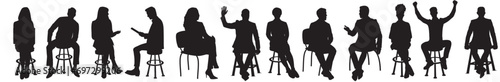 Vector set of business people sitting silhouettes isolated on transparent background. Businessman and businesswomen sitting on stool and chair chatting  working and talking.  photo