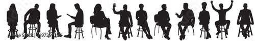 Vector set of business people sitting silhouettes isolated on transparent background. Businessman and businesswomen sitting on stool and chair chatting  working and talking. 
