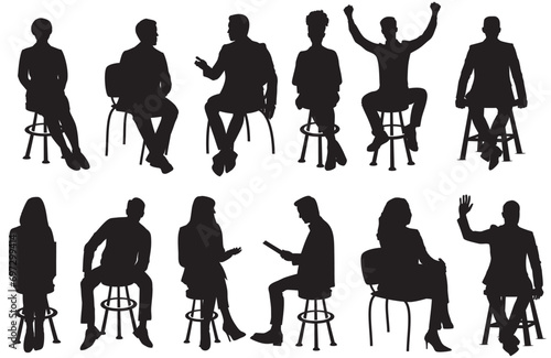 Vector silhouettes of a men and a women sitting on a chair and stool, a group of business people, black color on a transparent background