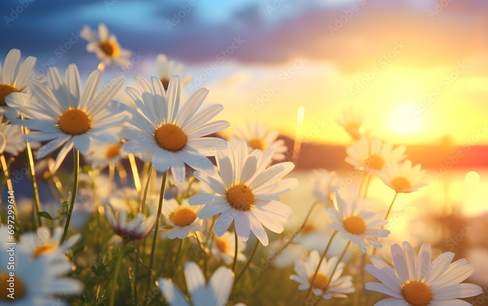 daisy flowers in a field at sunset