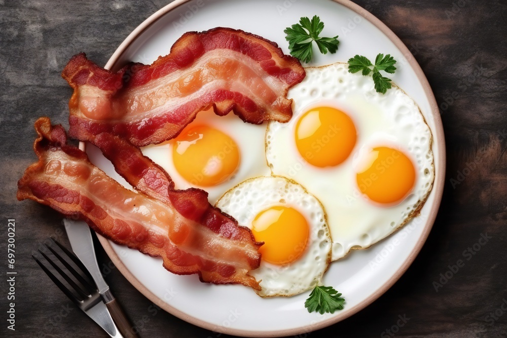 fried eggs and bacon for breakfast. Plate with fried eggs and bacon on a marble background fried eggs and bacon for breakfast. Plate with fried eggs and bacon on a marble background