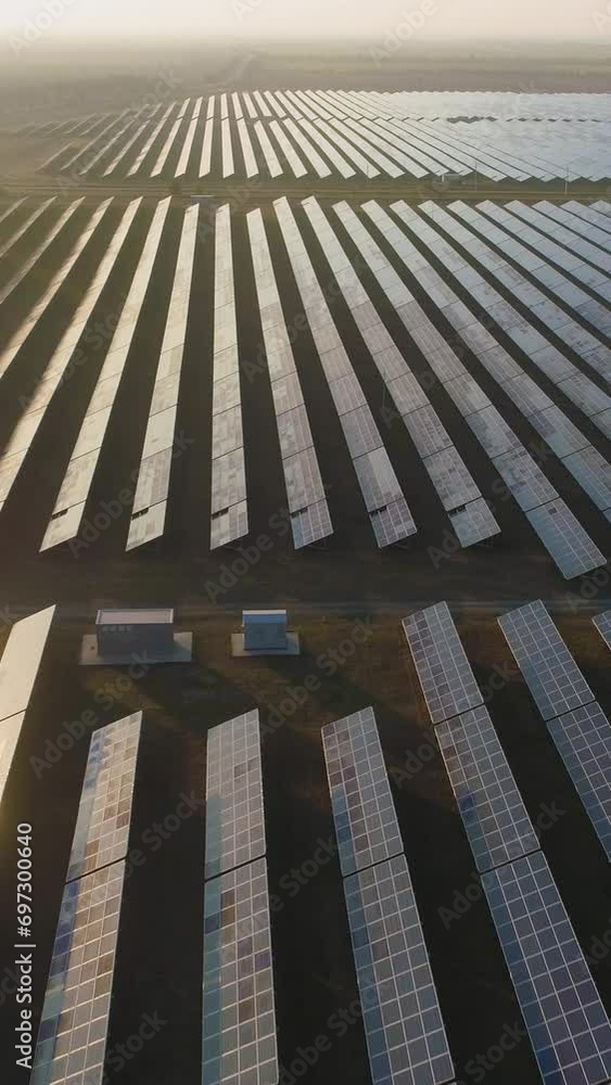 Large field of blue photovoltaic solar panels at sunset. Sunlight reflection. Aerial view. Flying forward. Establishing shot. Vertical Video Large field of blue photovoltaic solar panels at sunset. Sunlight reflection. Aerial view. Flying forward. Establishing shot. Vertical Video