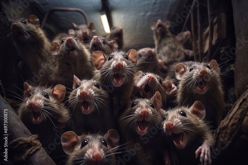 Lot rats in the basement on a dark background, close-up photo