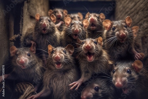A group of rats in a cage on a dark background. The symbol of the year 2020. photo